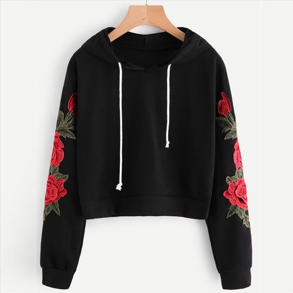 

women sweatshirt hoodies rose printed harajuku applique long sleeve blouse hooded pullover sweatshirt casual tracksuit new, Black