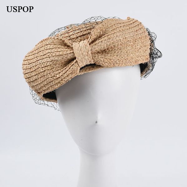 

berets uspop summer hats women raffia straw beret mesh yarn big bow, Blue;gray