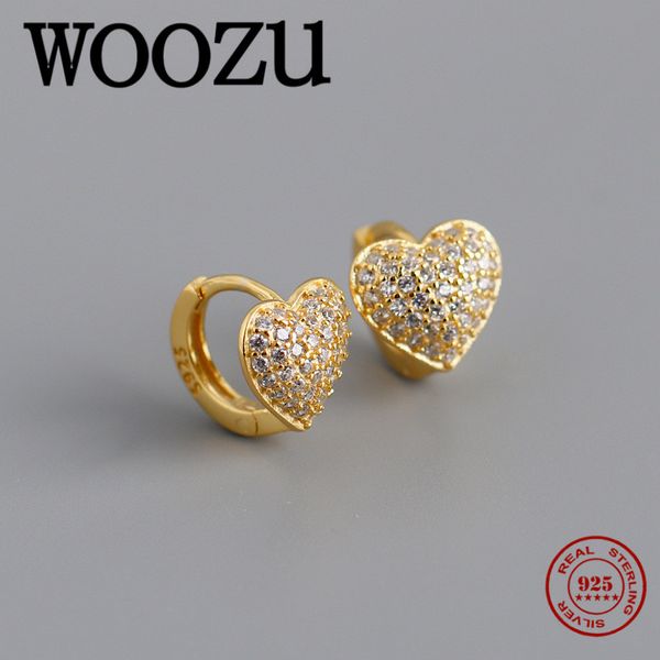 

hoop & huggie woozu luxury genuine 925 sterling silver pave zircon love heart ear buckle for women elegant chic wedding earrings jewelry, Golden;silver