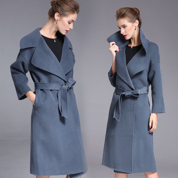 

autumn cashmere coat warm winter coat women long wool office lady slim female overcoat oversize plussize blue, Black
