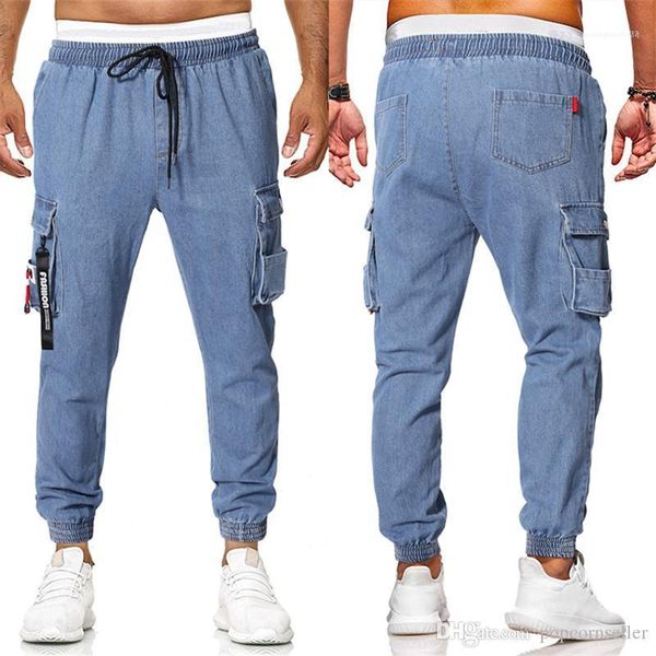 

design casual jeans fashion casual males apparel mens panelled jeans designer european and american mens loose pocket drawstring decoration, Blue