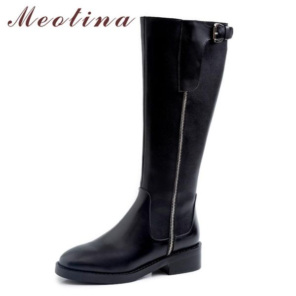 

meotina winter riding boots women natural genuine leather thick heel knee high boots zipper round toe shoes ladies autumn 34-39, Black