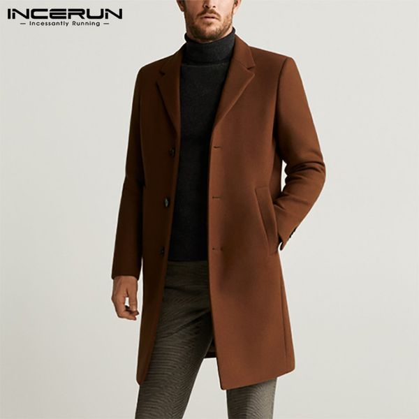 

incerun 2020 fashion men coats solid faux wool blends long sleeve lapel jackets autumn winter elegant chic brand mens overcoats, Black