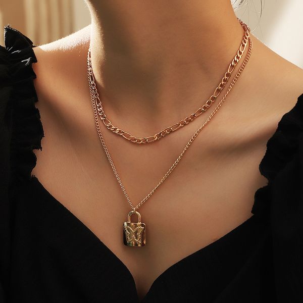 

pendant necklaces fashion gold color metal butterfly lock pendants necklace for women vintage multilayer chain choker jewelry 2021, Silver