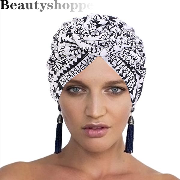

cotton turban for women knot headscarf ladies headdress national style print headwrap bandanas hats fashion hair acessories, Blue;gray