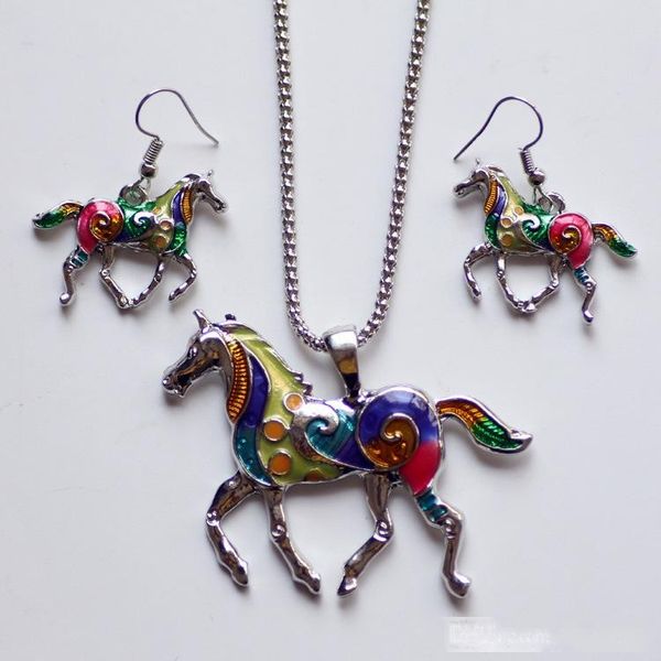 

horse pendant necklace fashion enamel rainbow horse charm necklace earring sets women jewelry silver gold plated enamel jewelry set gift new, Black