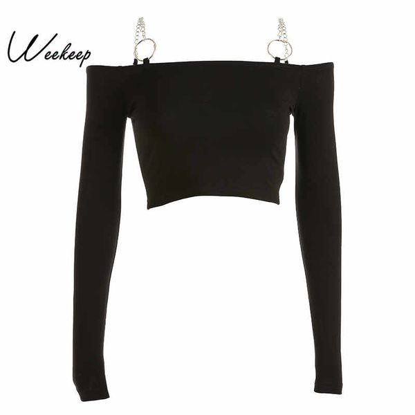 

weekeep women black long sleeve tshirt knitted slash neck cropped tshirt iron chain bodycon streetwear tee shirt femme crop top, White
