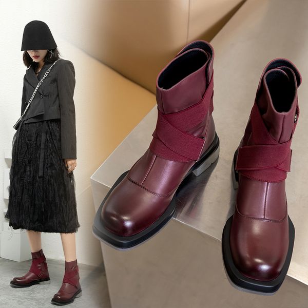 

genuine leather ankle boots for women platform boots round toe elastic band shoes woman flat with winter short western, Black