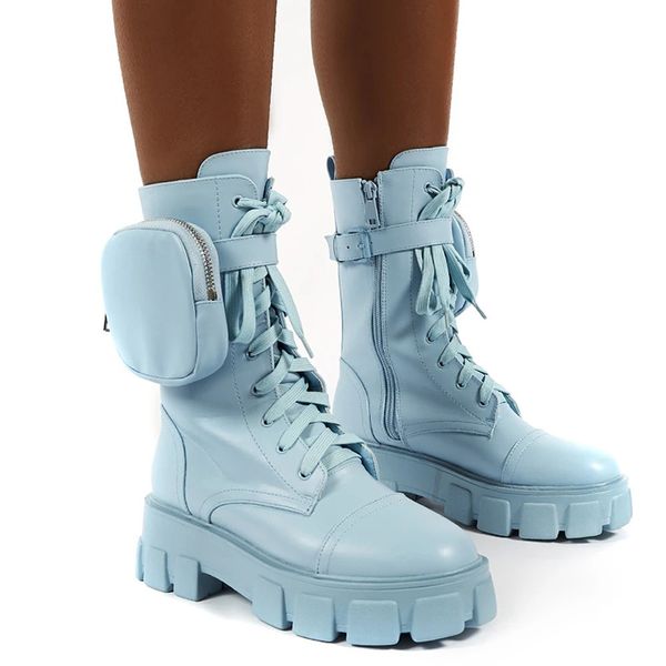 

rimocy fashion buckle pocket chunky platform boots women pink lace up ankle boots woman punk style plus size motorcycle shoes 43, Black