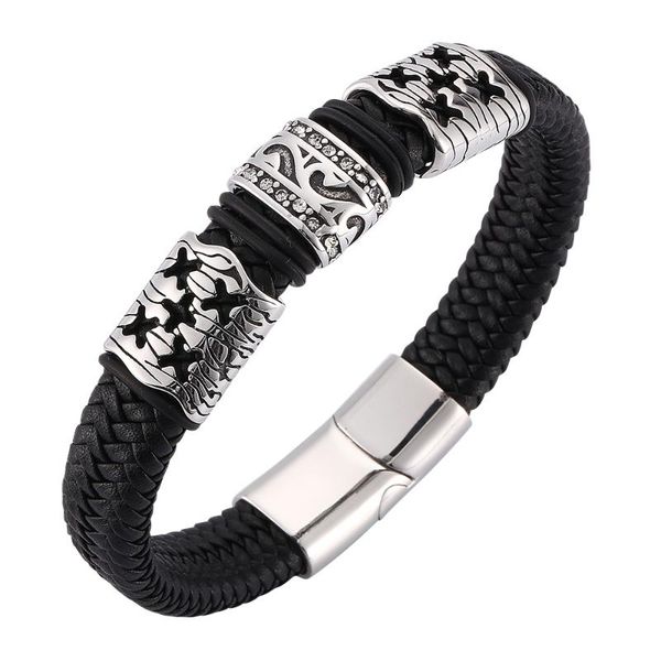 

charm bracelets fashion business men's woven black leather bracelet stainless steel magnetic buckle creative simple 7-sp0089, Golden;silver