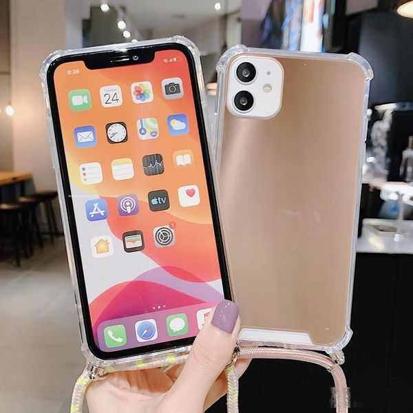 

makeup mirror soft case cover for iphone 11 pro max xs xr x 10 8 7 6 6s plus se 2 2020 lanyard necklace shoulder neck strap case