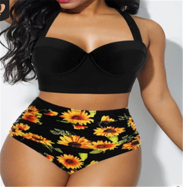 

2020 new arrival fashion women's bikini swimwear flower printed with chest pad without steel ring swimwear 6 colors s-3xl, White;black