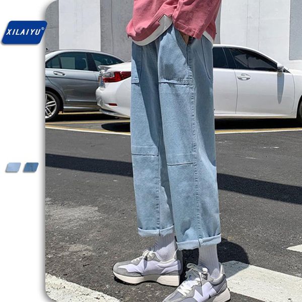 

xilaiyu simple denim 9-point men's autumn new style casual loose pants male/women korean version trend jeans denim harajuku, Blue