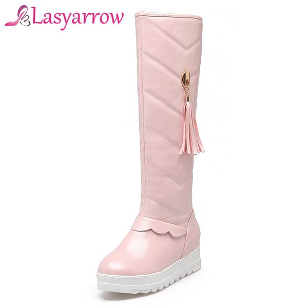 

lasyarrow women knee high snow boots female warm plush winter high boots girls fringe waterproof sweet ruffles sapato feminino, Black