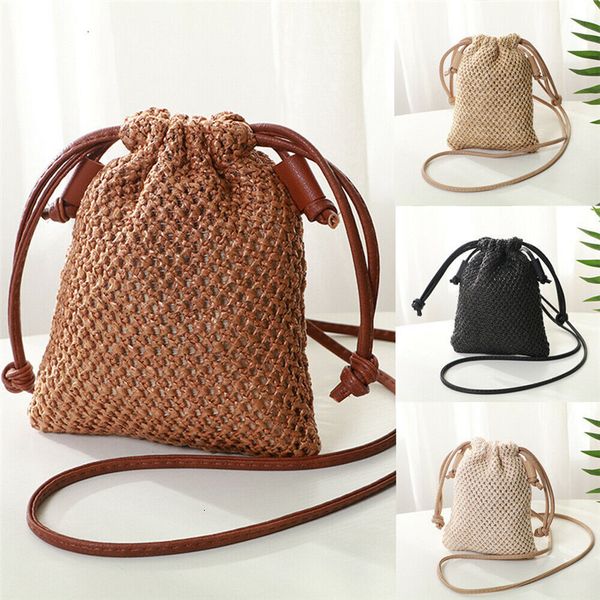 

summer women casual drawstring straw bag handbag vacation handwoven bucket bag rattan wicker straw woven tote lady crossbody bag