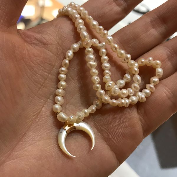 

korean fashion shell moon fresh water pearl long necklace sweater chain, Silver