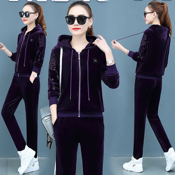 

thicken velvet tracksuit for women 2019 winter female plus size hoodie jacket+pants suits womens embroidery two piece sets t200916, White