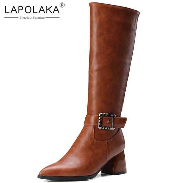 

boots lapolaka 2021 arrivals plus size 32-48 pointed toe mid calf woman shoes zip up thick heels women, Black