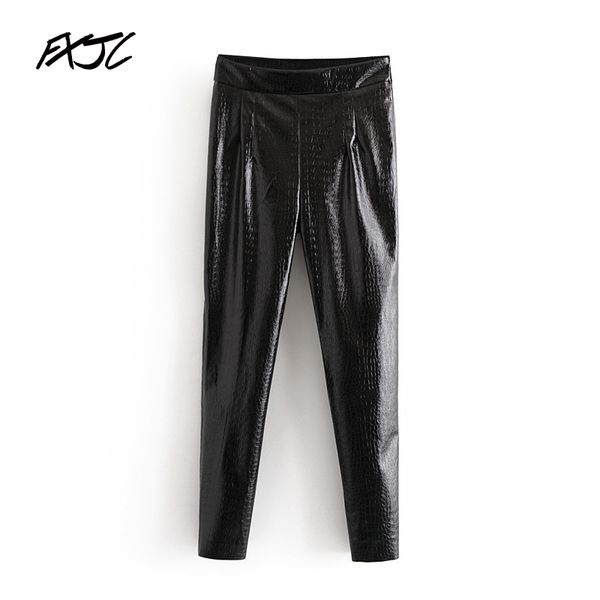 

pu retro women's black shiny texture patent leather trousers fashion all-match slim chic pants female, Black;white