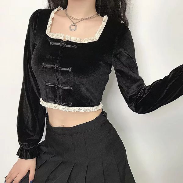 

women's blouses & shirts women square neck crop velvet with braided button and lace fastening details, White