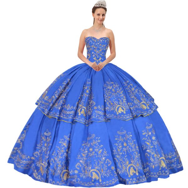 Fiesta Mexicana Totalmente Bordado Destacável Quinceanera Vestido Charro XV Partido Royal Azul 2 Peças Clássico Debutante Ball Vestido