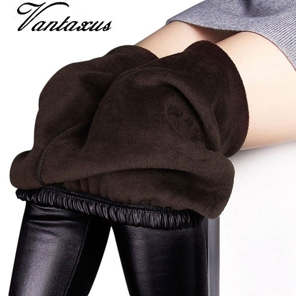 

winter women autumn warm fake leather velvet stretch skinny thickening black leggings pants