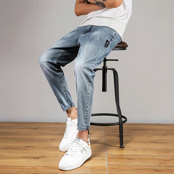 

peikong 2020 new straight stretch small waist and small feet men's men black ripped skinny jeans for hip hop baggy pants male, Blue
