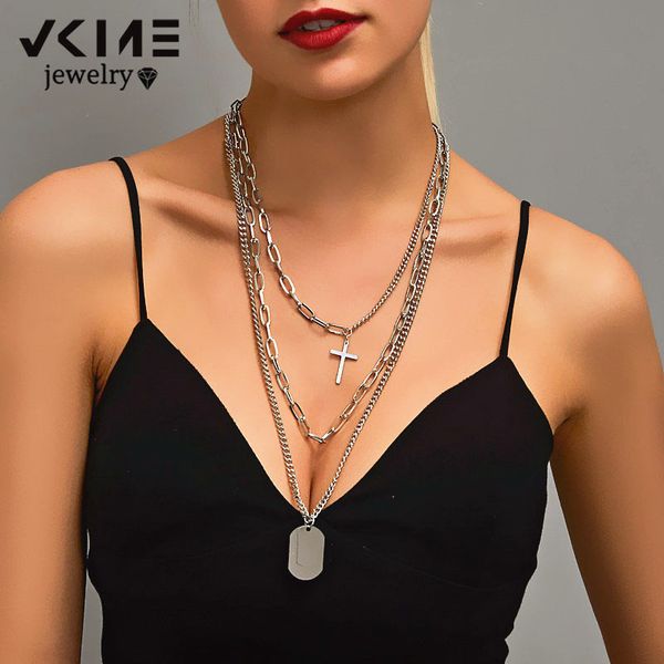 

vkme hip hop multilayer cross necklace women chain necklace double layer disc sweater chain 2020 jewelry girl party gift, Silver