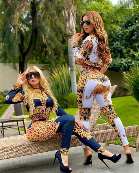 

ladies leopard vintage printed suits 2pcs spring patchwork stand collar zipper fly trucksuits females fashion casual sets, White