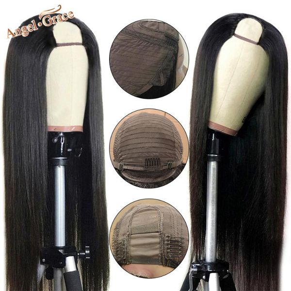 

lace wigs angel grace u part front wig brazilian straight human hair for women closure pre plucked with baby, Black;brown