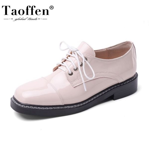 

taoffen office ladies flats genuine leather classics vintage shoes women leisure lace up flat shoes footwear size 33-43, Black