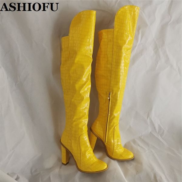 

ashiofu 2020 real ps womens boots thick-heels ginghams patent leather over knee boots night-club fashion winter, Black
