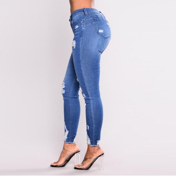 

woman high waist jeans ladies'high waist with holes in elasticity and small feet ripped jeans ropa mujer dropship #xes, Blue