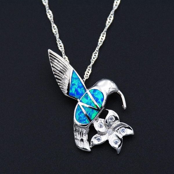 

chains humming bird design pendant necklace with ocean blue opal, Silver