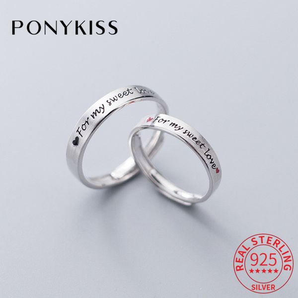 

cluster rings ponykiss romantic s925 sterling silver a pair letter and red heart ring for couple anniversary fine jewelry chic accessories, Golden;silver