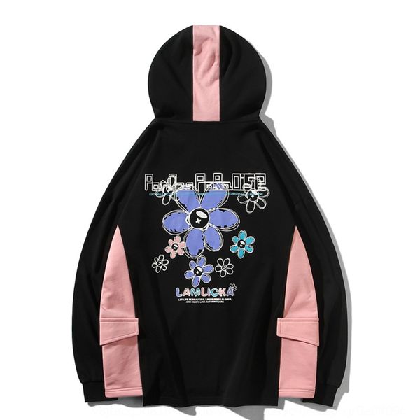 

autumn new stitching contrast color pullover hoodie hoodieflower printing men's loose pullover hooded sweater couple casual hoodie wome, Black