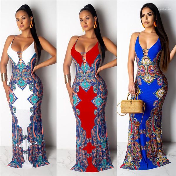 

long dress womens designer v neck maxi dresses female clothes national characteristics printed slim sling, Black;gray