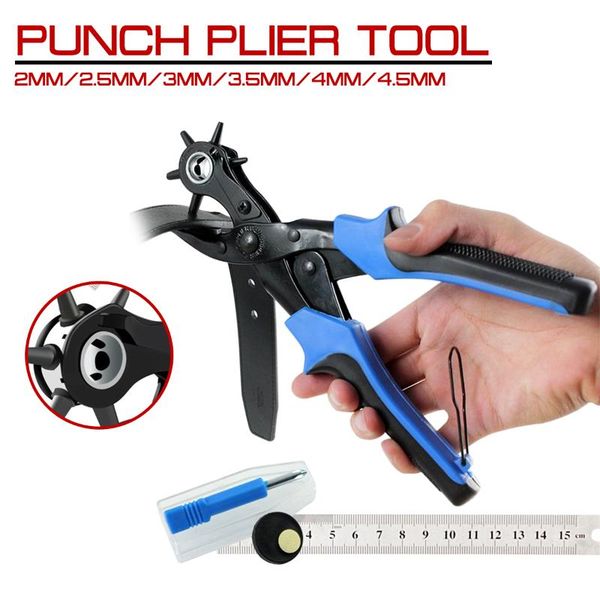 

punch plier tool with 2 extra punch plates heavy duty revolving leather belt hole and ruler leather craft tool
