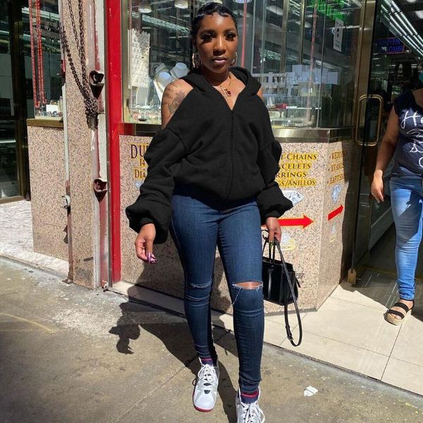 

autumn lantern long sleeve sweatshirts hooded open back zipper up women's streetwear women hoodies, Black