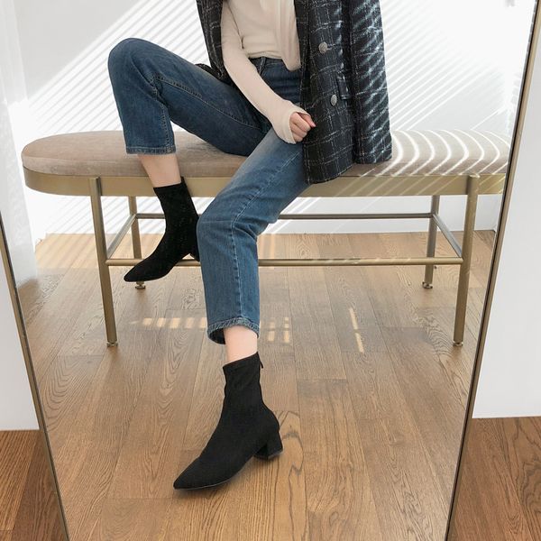 

boots women leather high heel boots ladies casual autumn winter shoes pointed thick heel size 33-42, Black