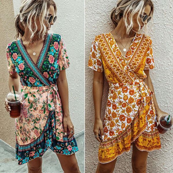 

ruffle short sleeve women designer clothing with sash casual ladies holiday mini dresses summer womens floral dresses v neck, Black;gray