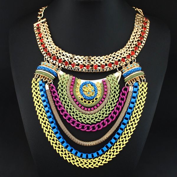 

fashion multicolor rhinestone inlay metal chains necklaces women bohemian statement choker necklace #1284m, Golden;silver