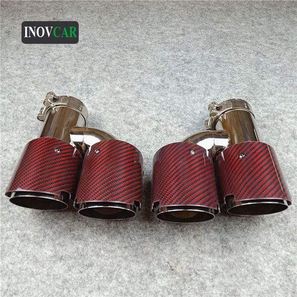 

a pair of inlet 63mm outlet 101mm h style red carbon fiber + stainless steel muffler car universal exhaust pipes