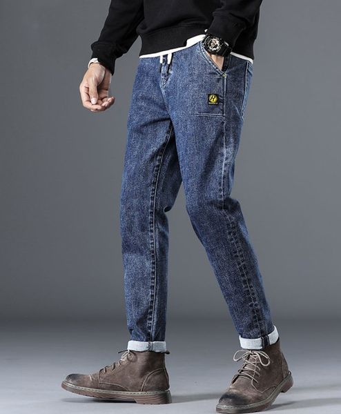 

selling 2020 autumn winter new designers male harem jeans european american slim youth solid color feet pants high-end men denim trouser, Blue