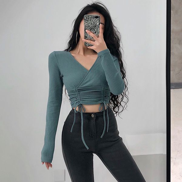 

women's blouses & shirts 2021 summer knitting elasticity v-neck long sleeve shirt drawstring blouse girl female womens v0qe, White