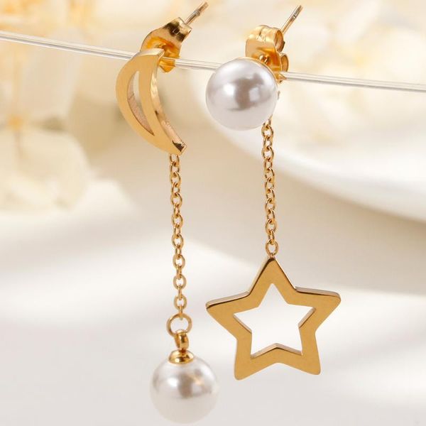 

fresh star moon shell pearl dangle asymmetric earrings for women girls korean stainless steel trendy jewelry gifts, Silver