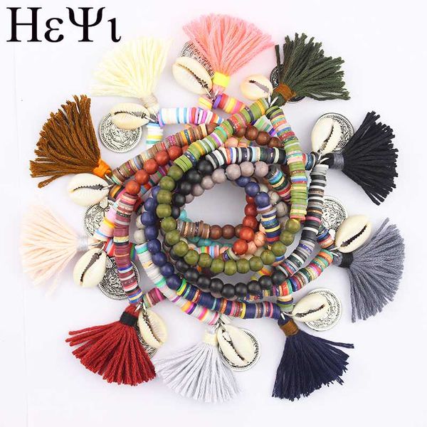 

bangle heyi bracelets for women jewelry bohemian colorful tassel wood beads strand female accessories 10 color, Black