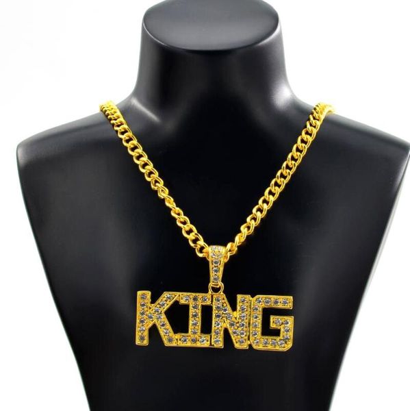 

cz zircon hiphop necklace king letter men pendant necklace bling iced out cuban link gold chain crystal rhinestone male jewelry, Silver