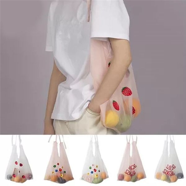 

women transparent tote double organza yarn cloth shoulder bag embroidery flowers handbag student eco shopping bag purses