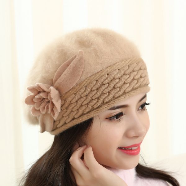 

hair big flower hat winter middle-aged knitted hat warm female winter ear hats, Blue;gray